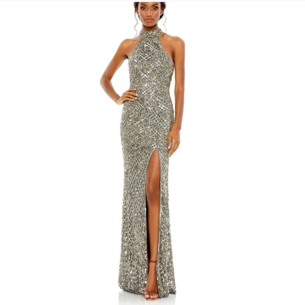 Mac Duggal sequin open back halter #4112L